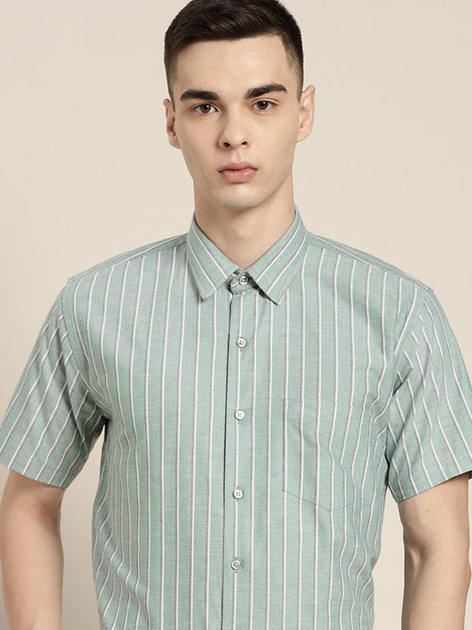 Men Green Stripes Pure Cotton Slim fit Formal Shirt - #folk republic#