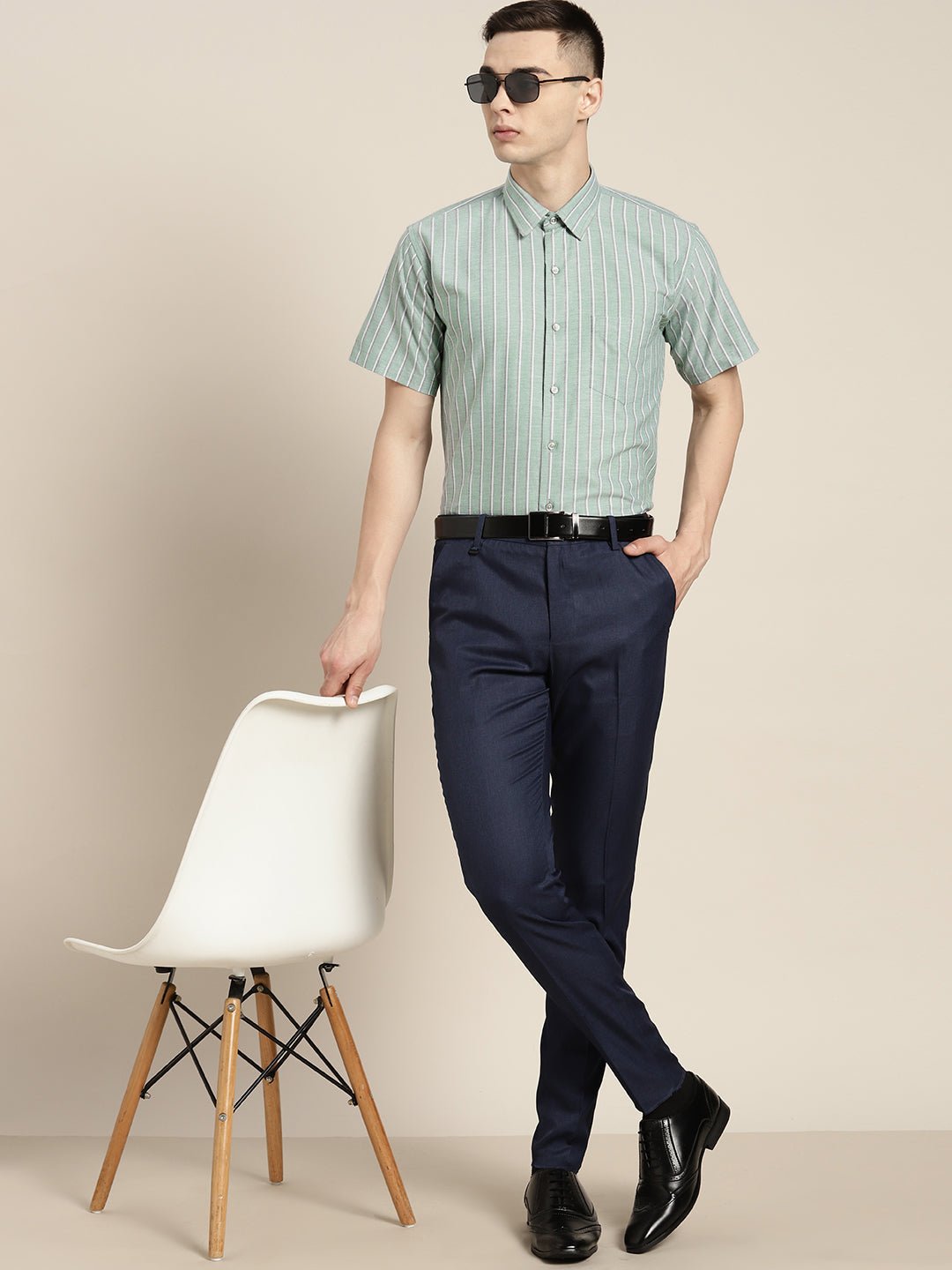 Men Green Stripes Pure Cotton Slim fit Formal Shirt - #folk republic#