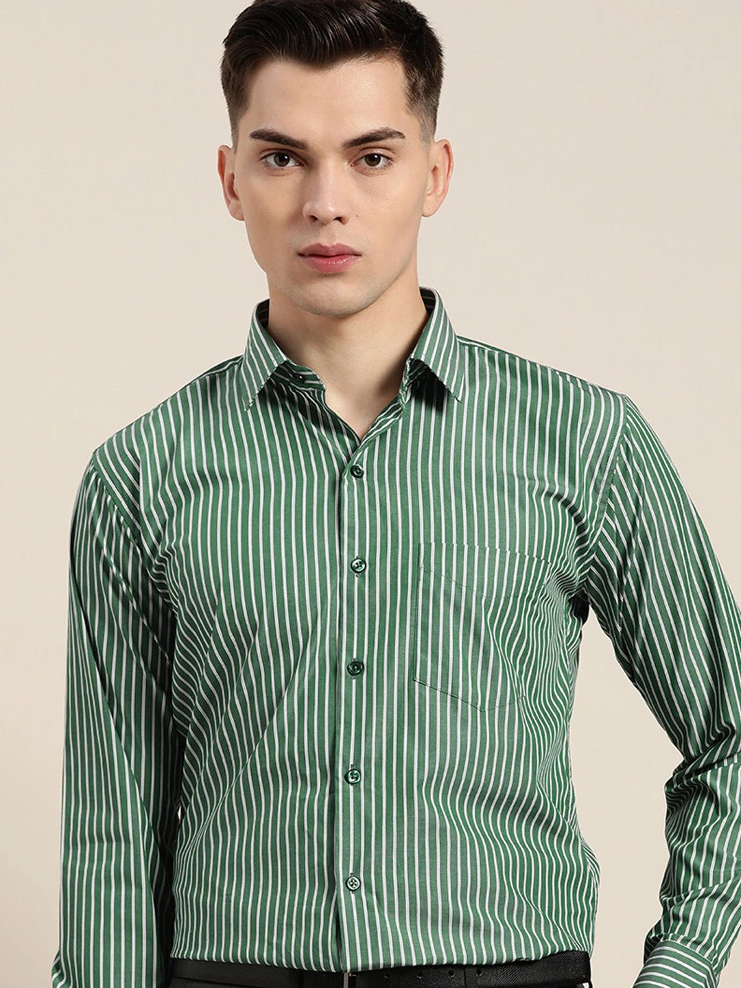 Men Green Stripes Pure Cotton Slim Fit Formal Shirt - #folk republic#