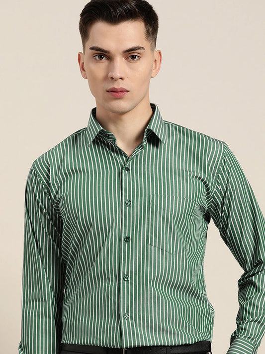 Men Green Stripes Pure Cotton Slim Fit Formal Shirt - #folk republic#