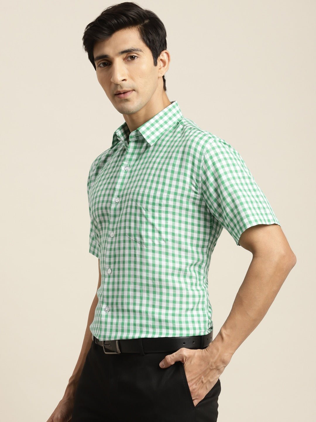 Men Green & White Checked Pure Cotton Short Sleeve Slim Fit Formal Shirt - #folk republic#
