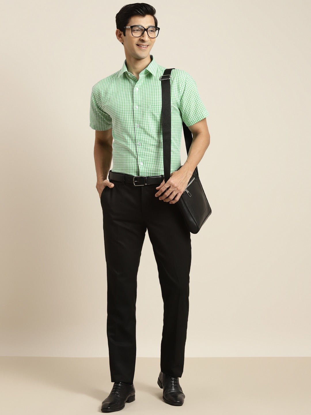Men Green & White Checked Pure Cotton Short Sleeve Slim Fit Formal Shirt - #folk republic#
