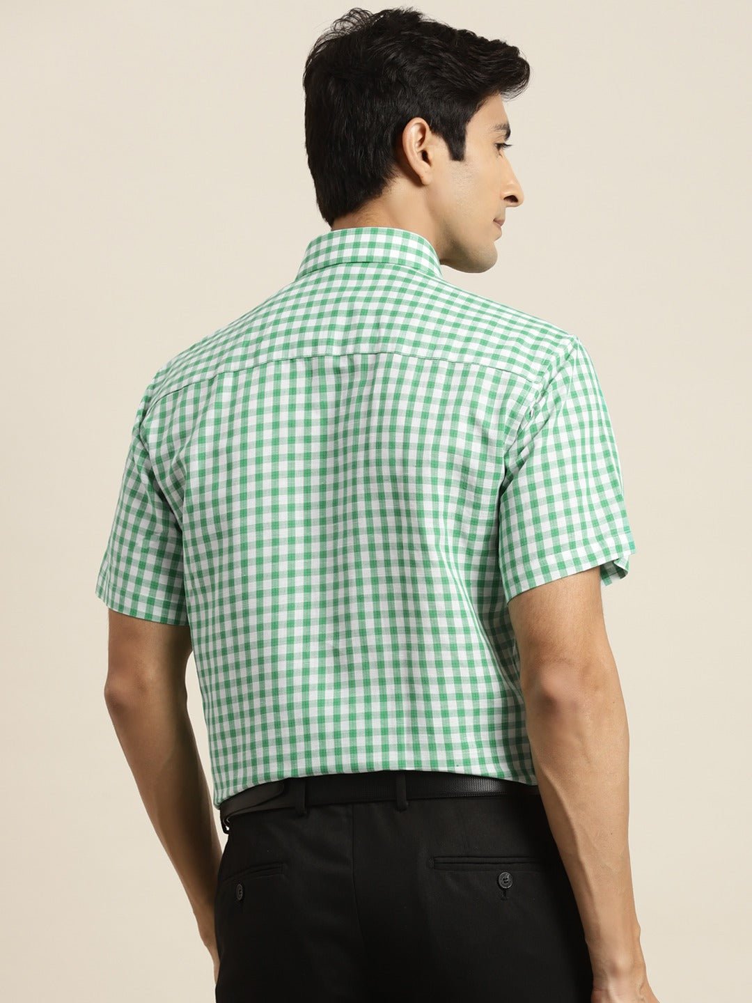 Men Green & White Checked Pure Cotton Short Sleeve Slim Fit Formal Shirt - #folk republic#