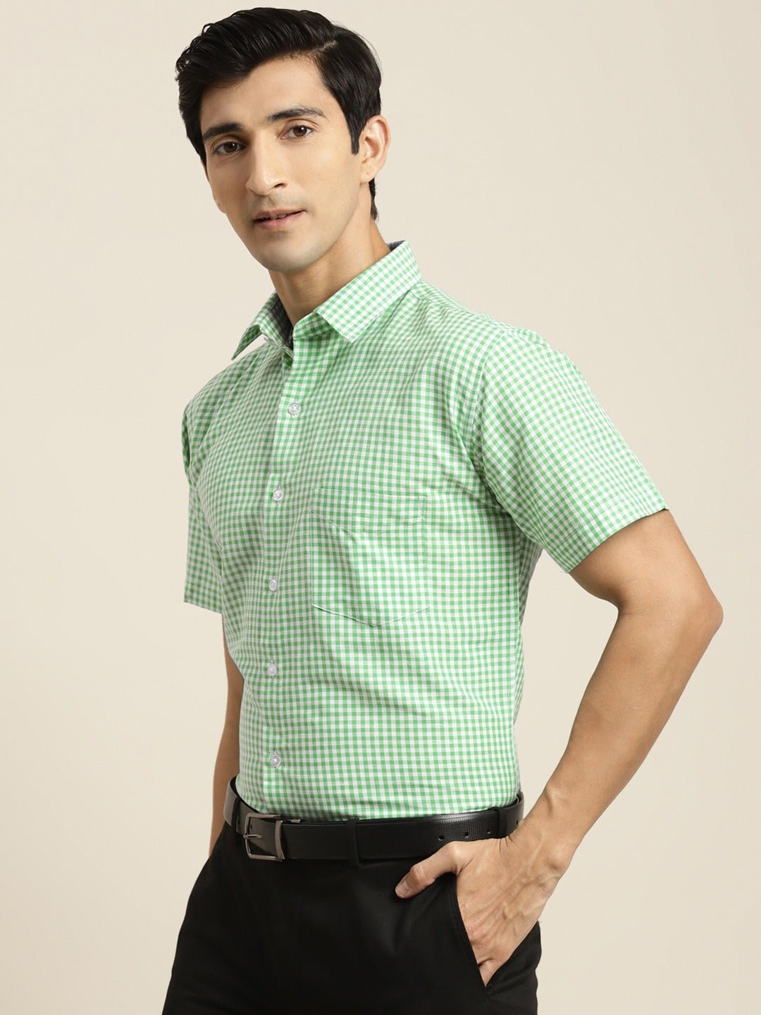Men Green & White Checked Pure Cotton Short Sleeve Slim Fit Formal Shirt - #folk republic#