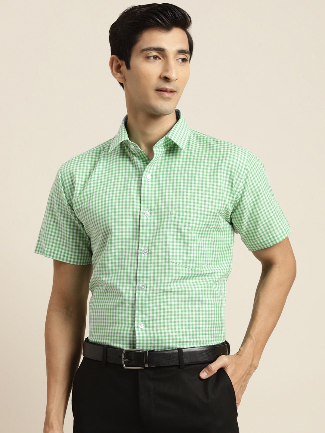 Men Green & White Checked Pure Cotton Short Sleeve Slim Fit Formal Shirt - #folk republic#