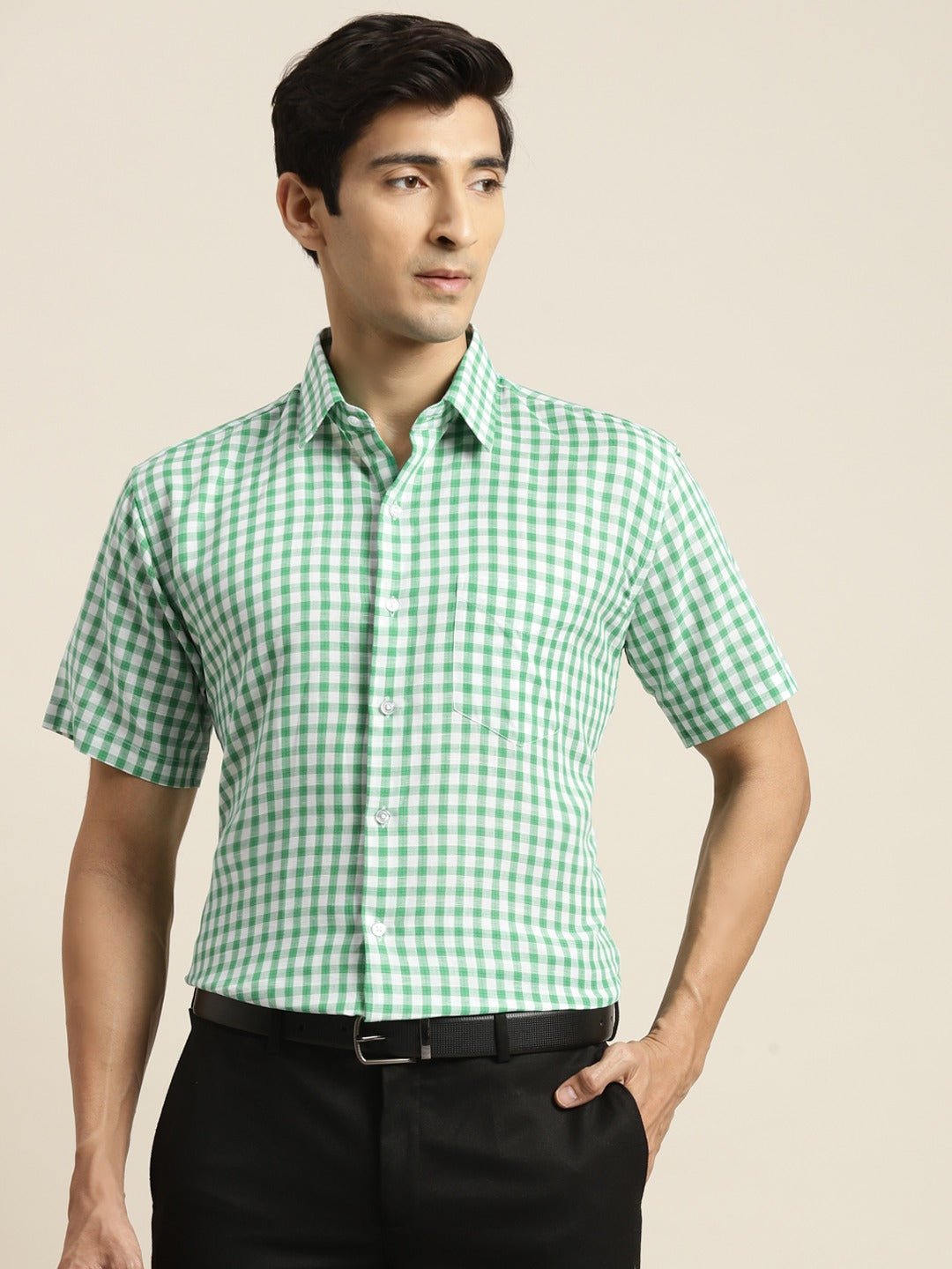 Men Green & White Checked Pure Cotton Short Sleeve Slim Fit Formal Shirt - #folk republic#