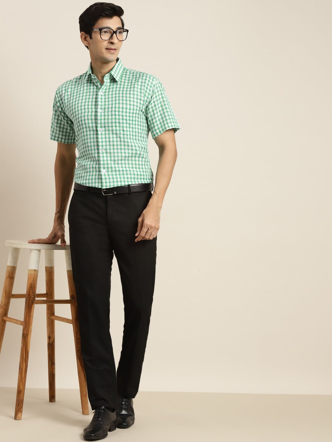 Men Green & White Checked Pure Cotton Short Sleeve Slim Fit Formal Shirt - #folk republic#