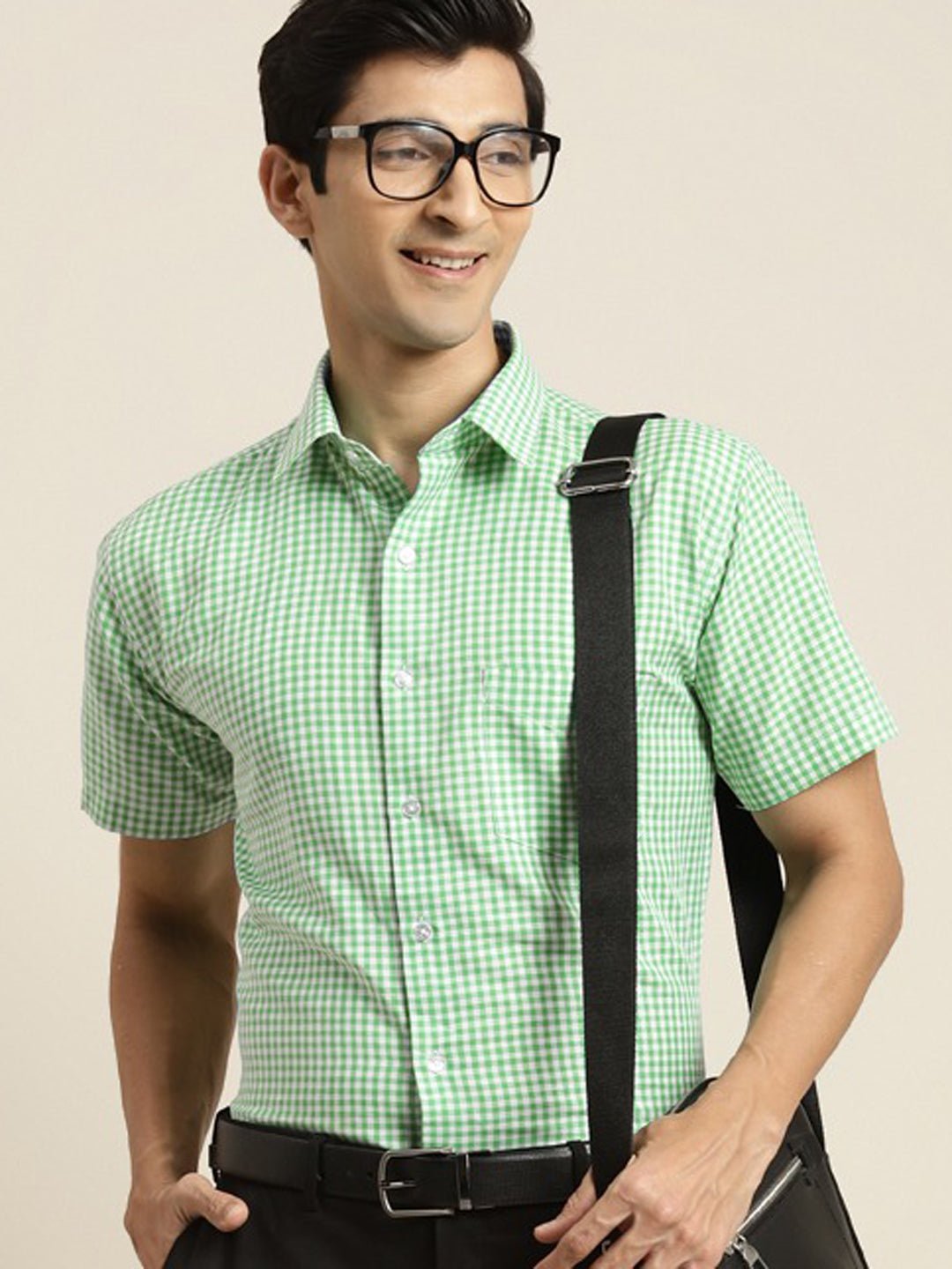 Men Green & White Checked Pure Cotton Short Sleeve Slim Fit Formal Shirt - #folk republic#