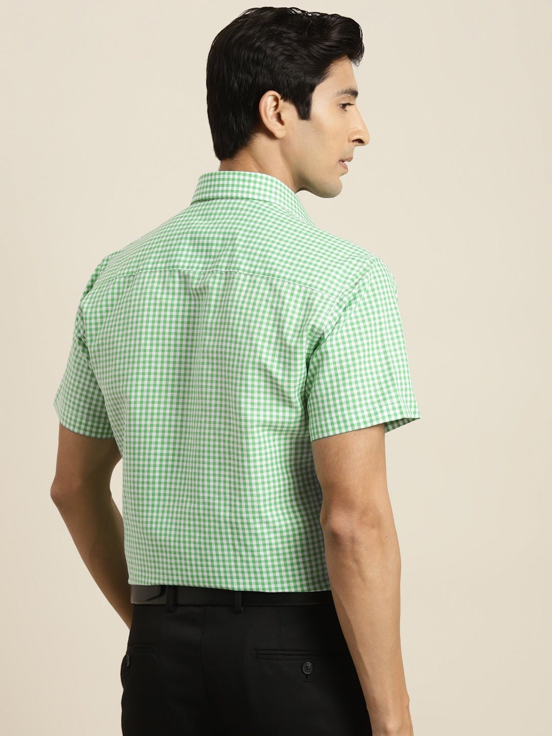 Men Green & White Checked Pure Cotton Short Sleeve Slim Fit Formal Shirt - #folk republic#