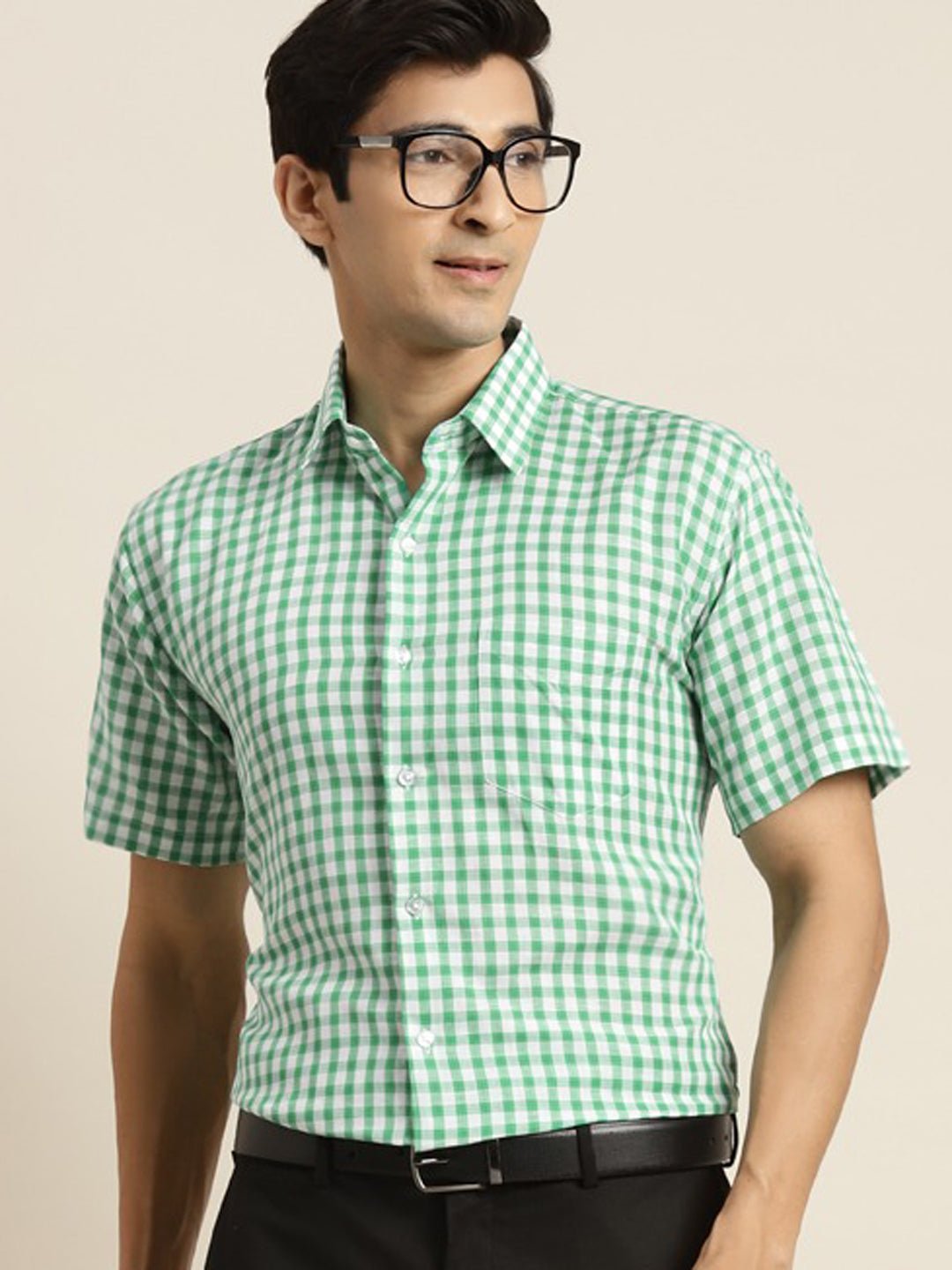 Men Green & White Checked Pure Cotton Short Sleeve Slim Fit Formal Shirt - #folk republic#