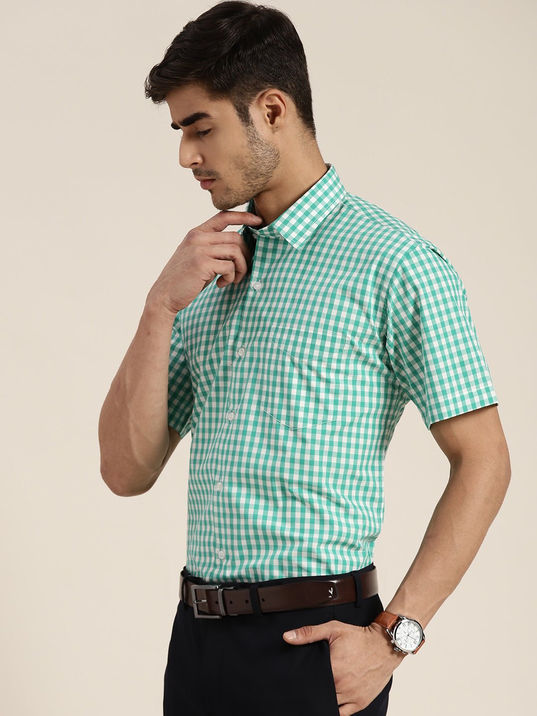 Men Green & White Checked Pure Cotton Slim Fit Formal Shirt - #folk republic#