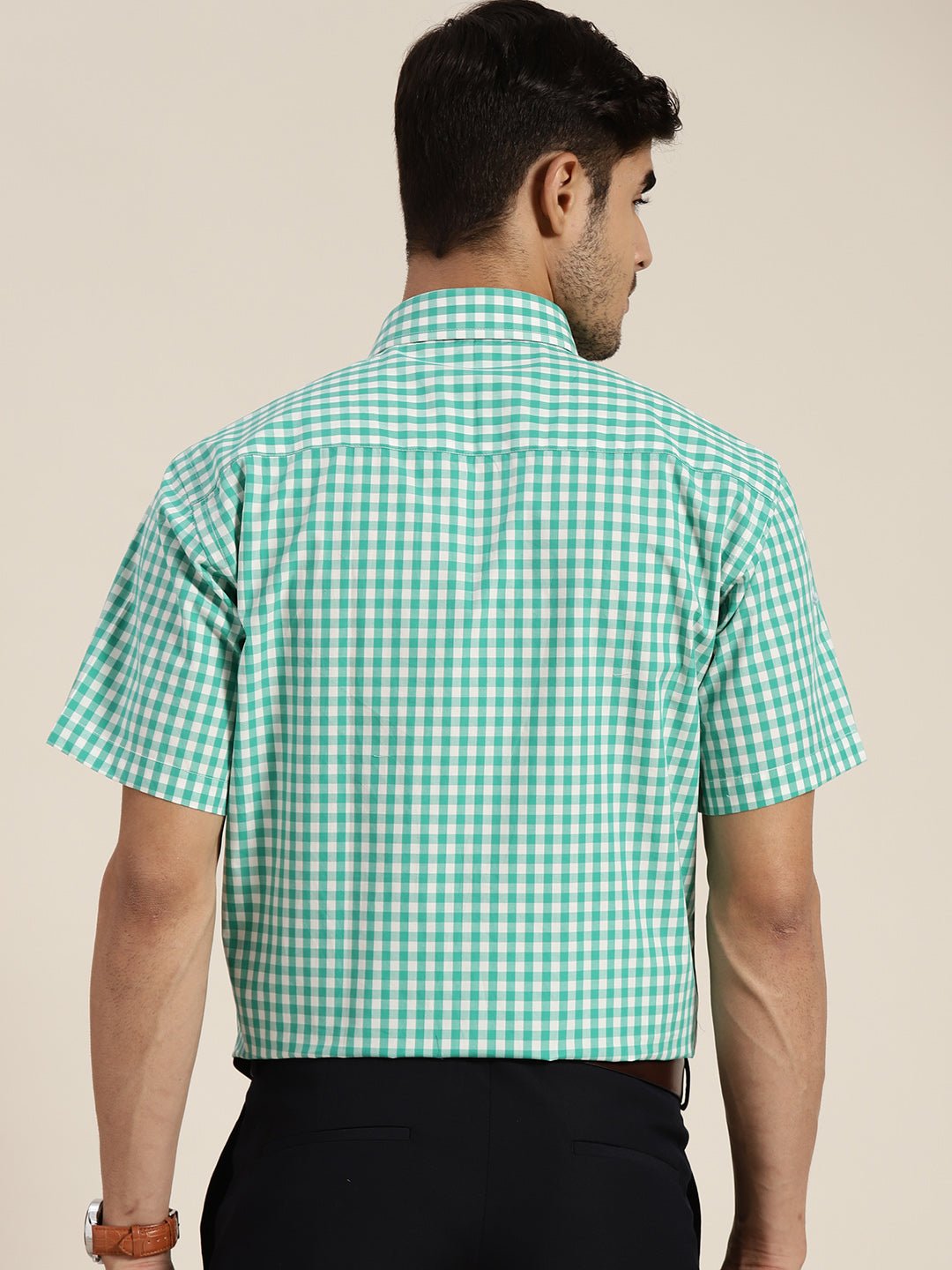 Men Green & White Checked Pure Cotton Slim Fit Formal Shirt - #folk republic#