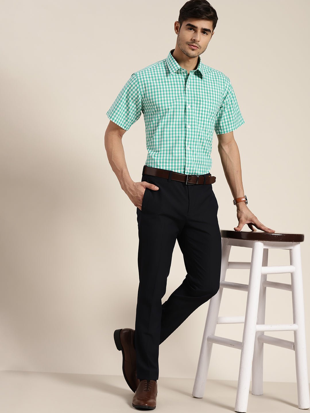 Men Green & White Checked Pure Cotton Slim Fit Formal Shirt - #folk republic#