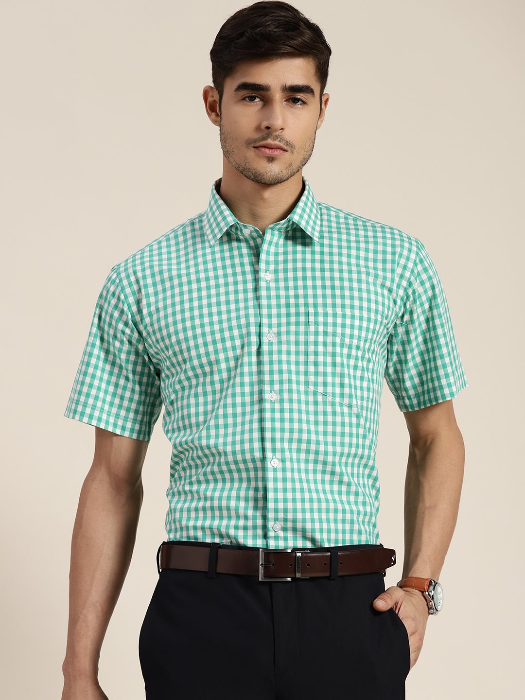 Men Green & White Checked Pure Cotton Slim Fit Formal Shirt - #folk republic#