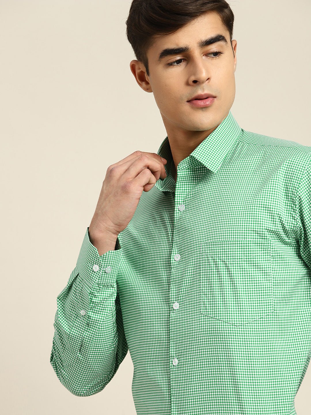 Men Green & white Checks Pure Cotton Slim fit Formal Shirt - #folk republic#