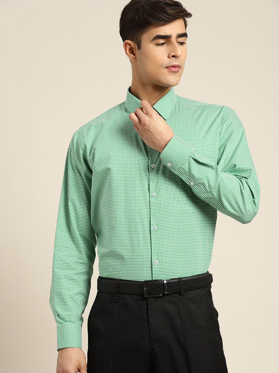 Men Green & white Checks Pure Cotton Slim fit Formal Shirt - #folk republic#