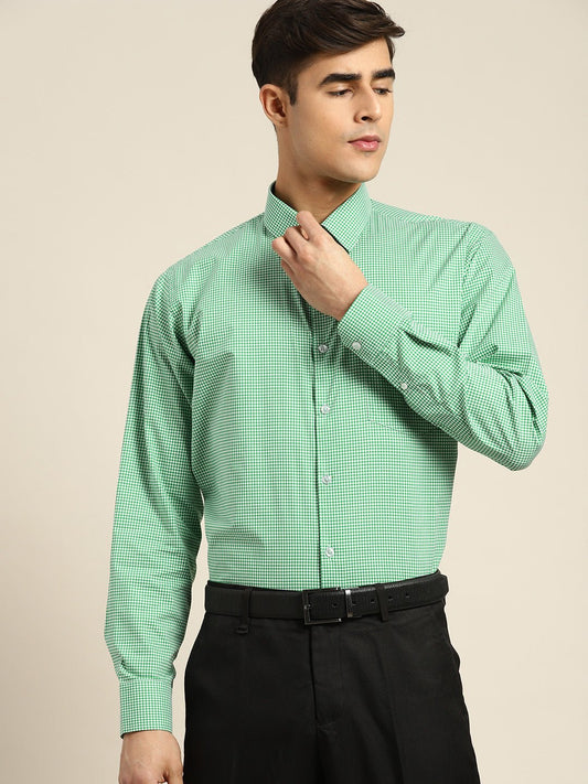 Men Green & white Checks Pure Cotton Slim fit Formal Shirt - #folk republic#