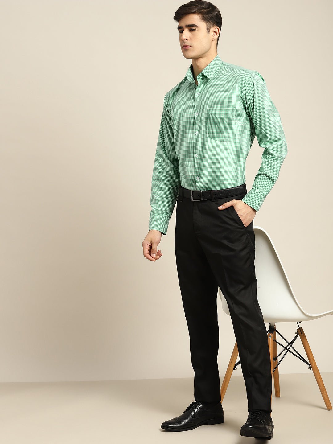 Men Green & white Checks Pure Cotton Slim fit Formal Shirt - #folk republic#