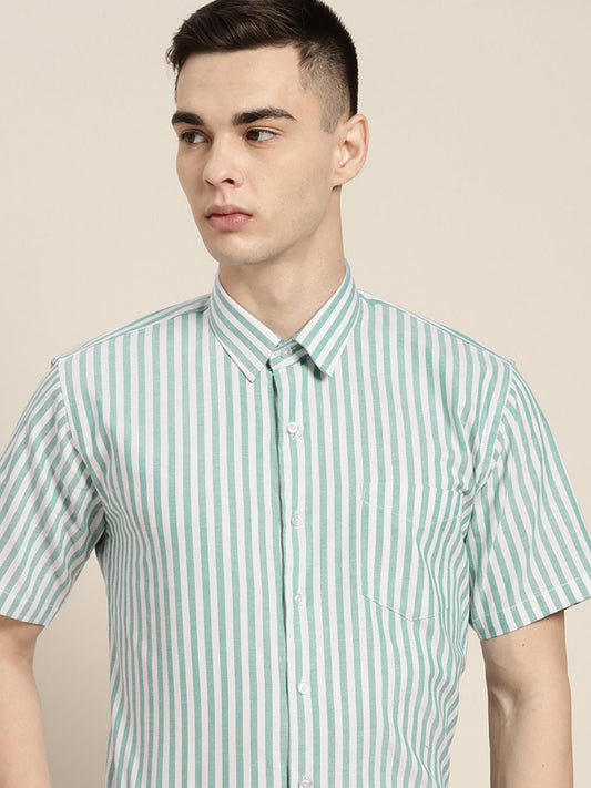 Men Green & White Stripes Pure Cotton Slim fit Formal Shirt - #folk republic#