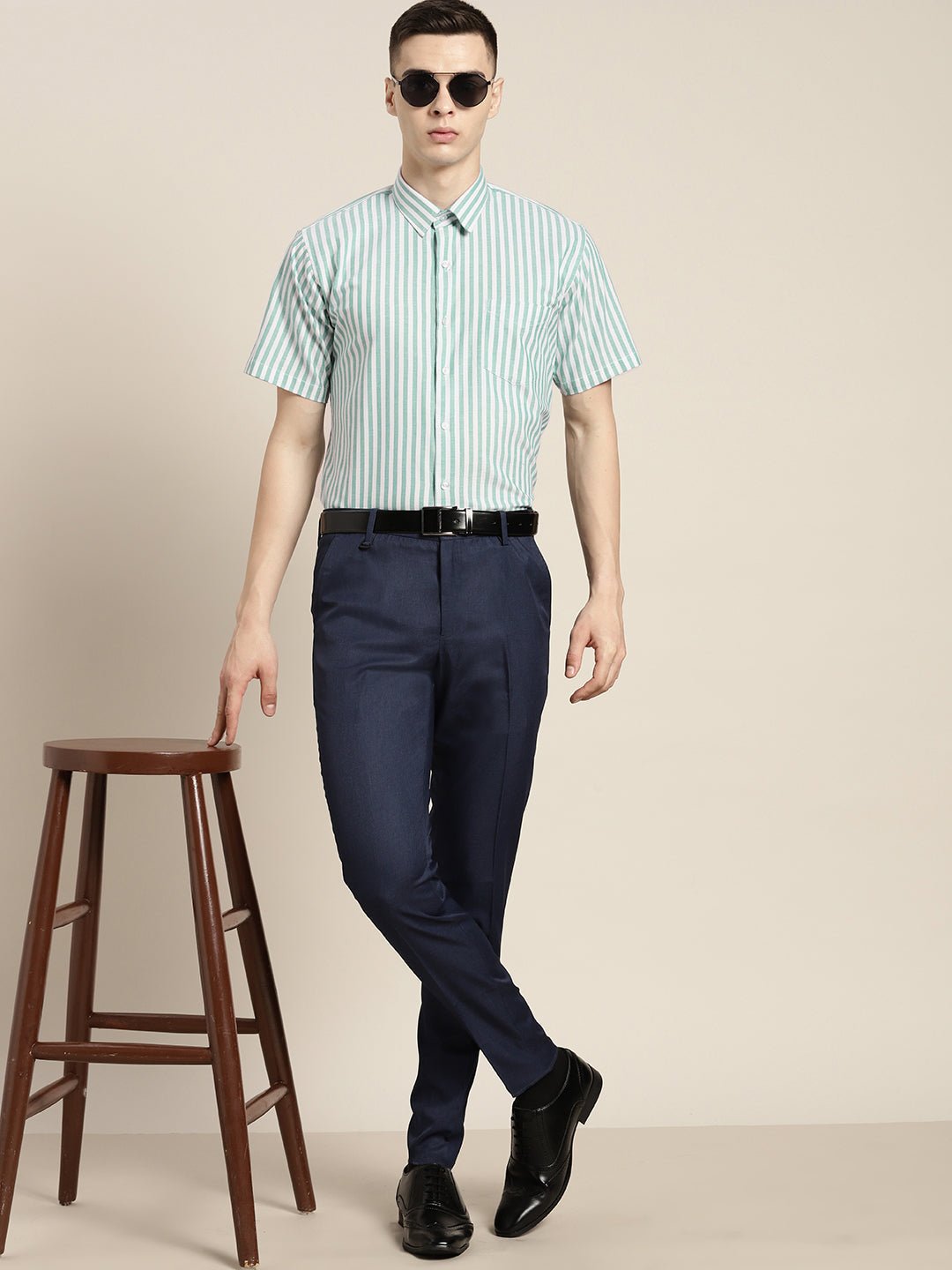 Men Green & White Stripes Pure Cotton Slim fit Formal Shirt - #folk republic#