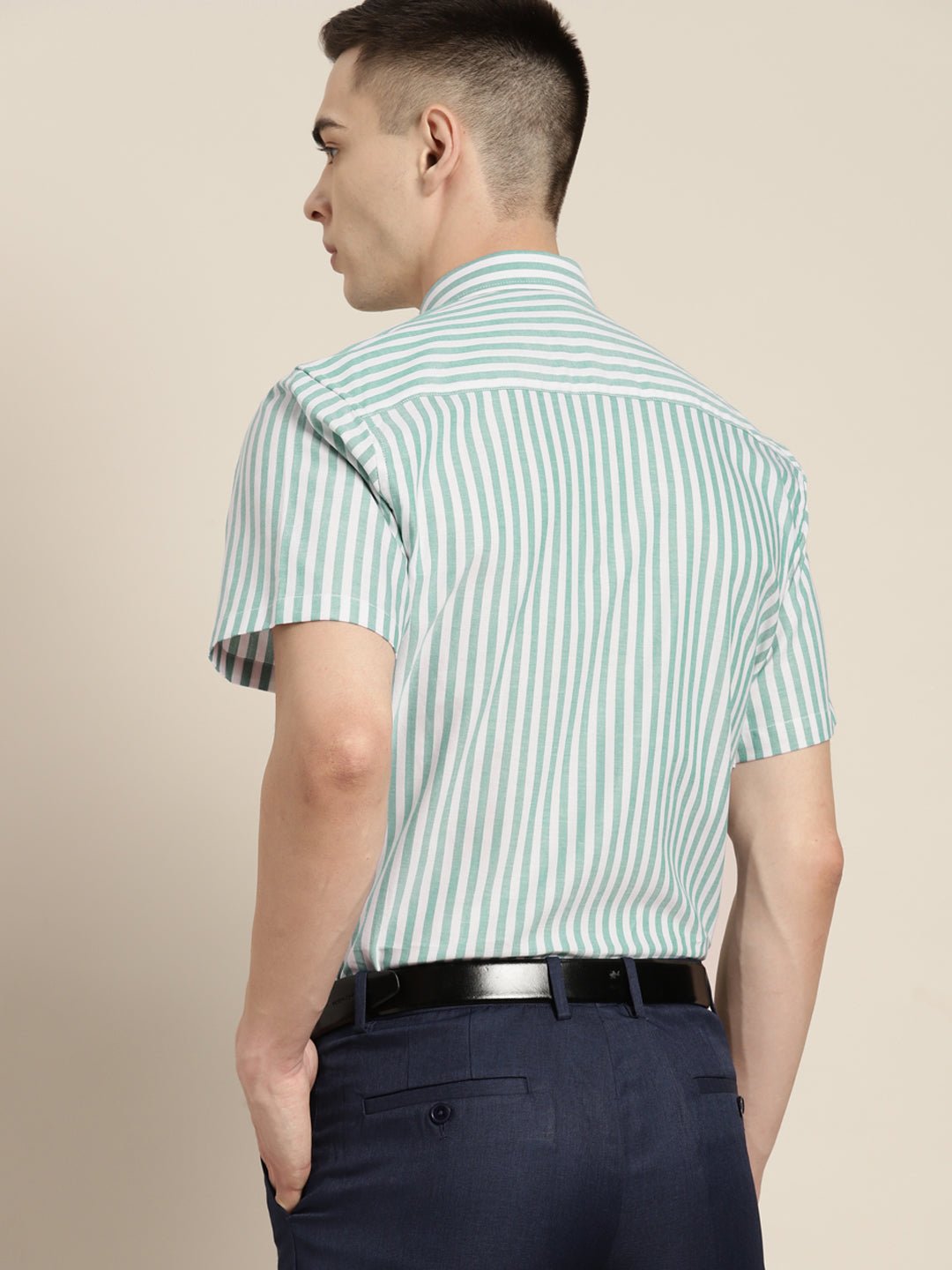 Men Green & White Stripes Pure Cotton Slim fit Formal Shirt - #folk republic#