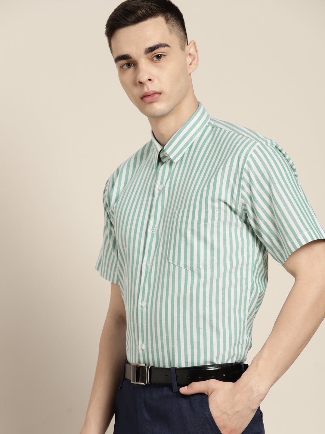 Men Green & White Stripes Pure Cotton Slim fit Formal Shirt - #folk republic#