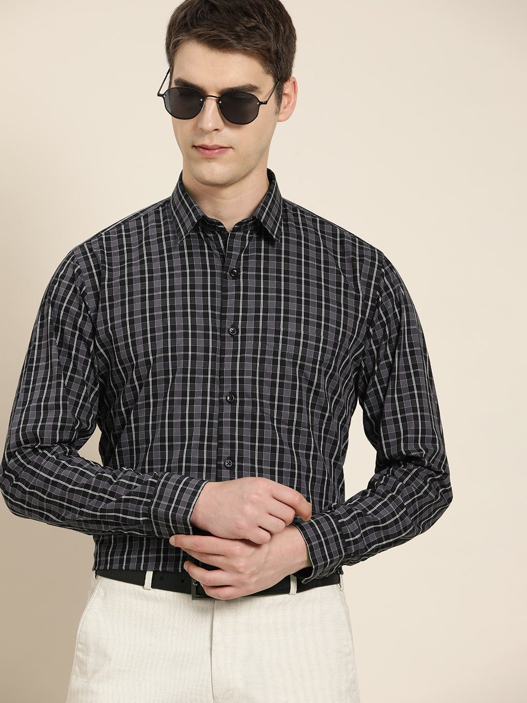 Men Grey & Black Checks Pure Cotton Slim fit Formal Shirt - #folk republic#