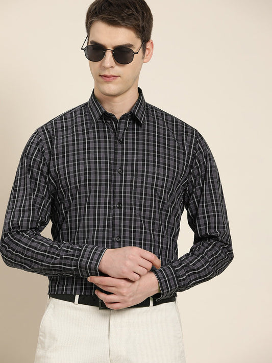 Men Grey & Black Checks Pure Cotton Slim fit Formal Shirt - #folk republic#