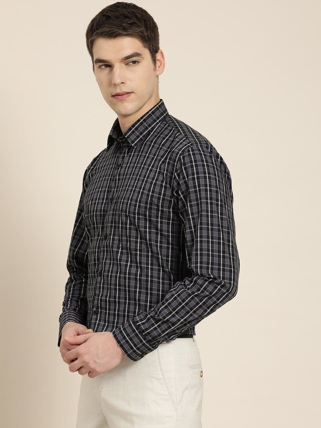 Men Grey & Black Checks Pure Cotton Slim fit Formal Shirt - #folk republic#