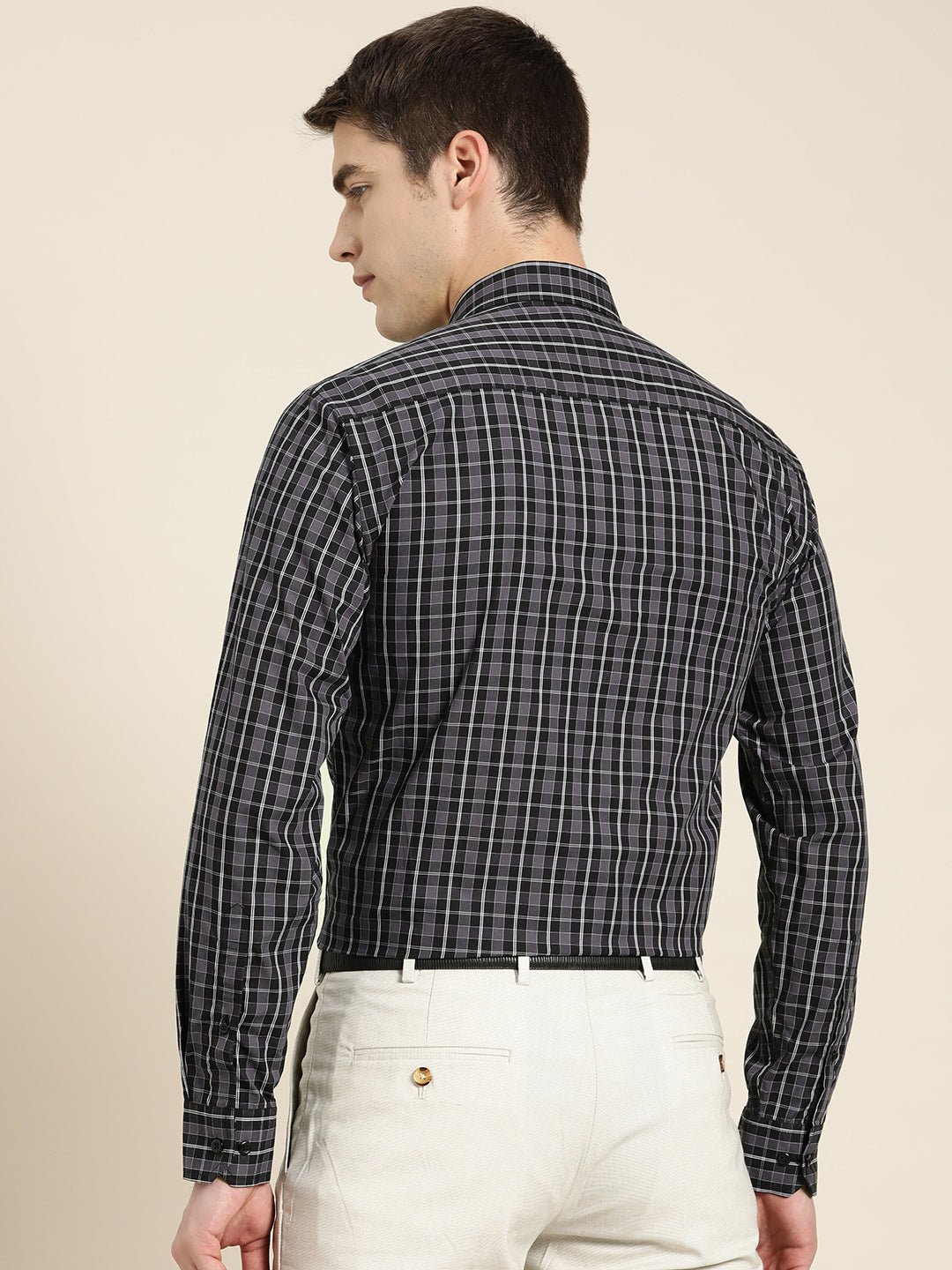 Men Grey & Black Checks Pure Cotton Slim fit Formal Shirt - #folk republic#