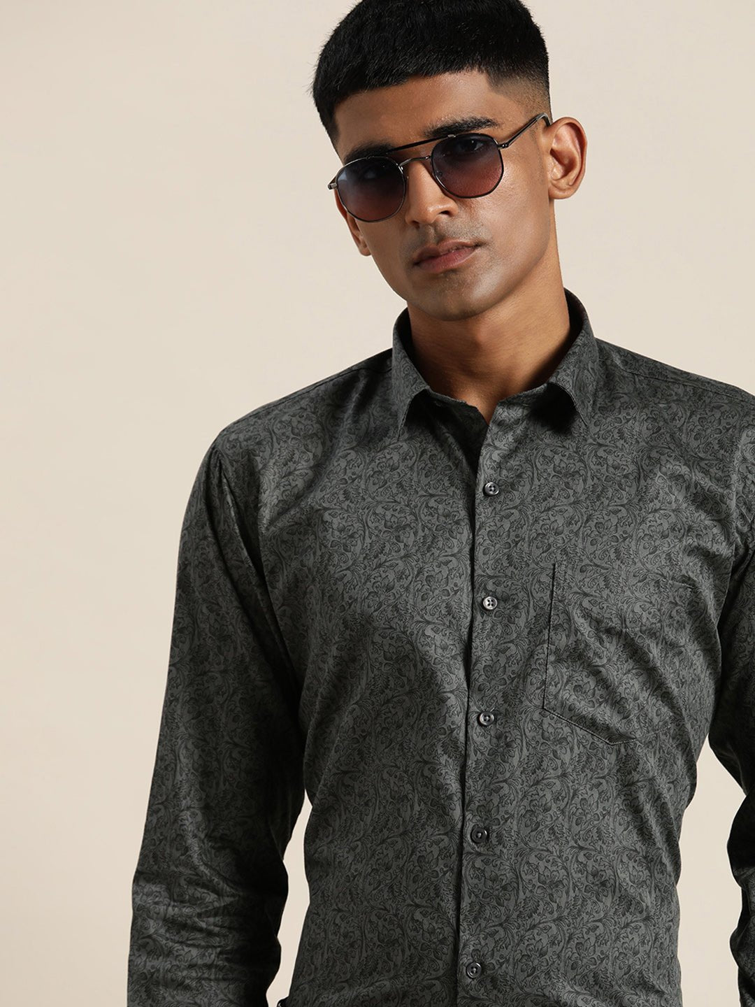 Men Grey & Black Print Pure Cotton Slim fit Party Shirt - #folk republic#
