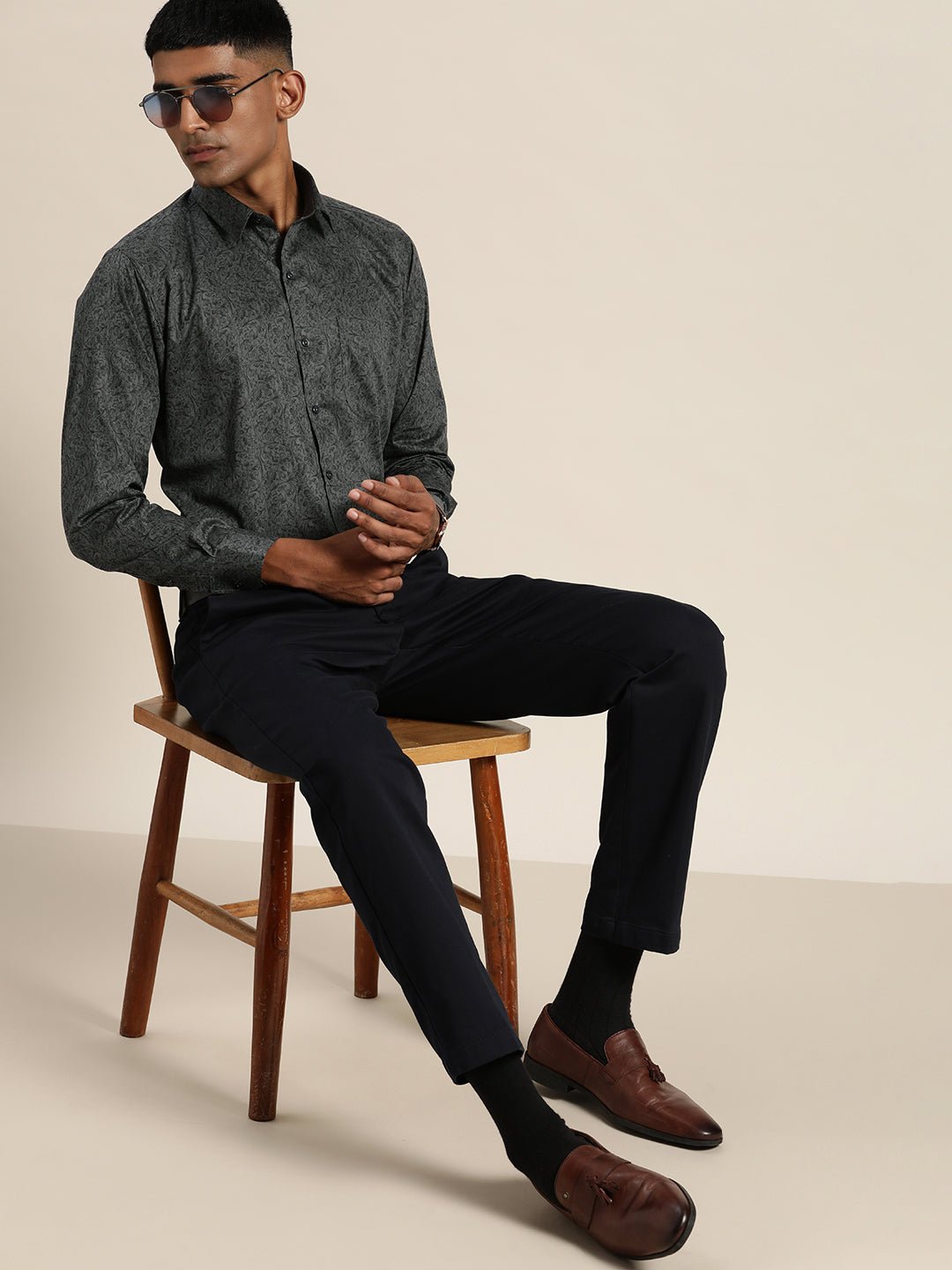 Men Grey & Black Print Pure Cotton Slim fit Party Shirt - #folk republic#