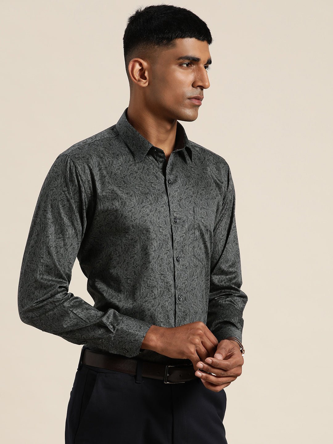 Men Grey & Black Print Pure Cotton Slim fit Party Shirt - #folk republic#