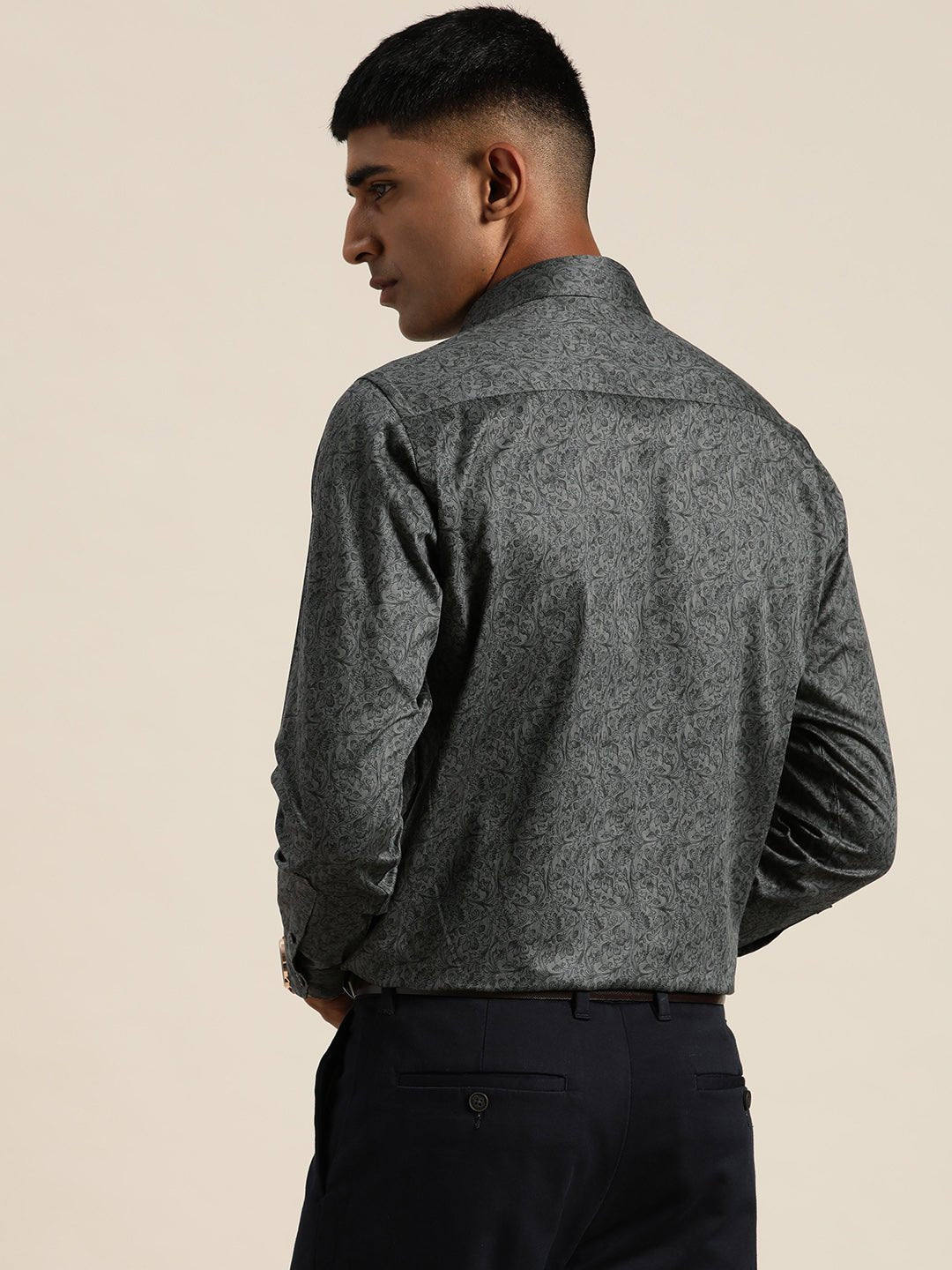Men Grey & Black Print Pure Cotton Slim fit Party Shirt - #folk republic#