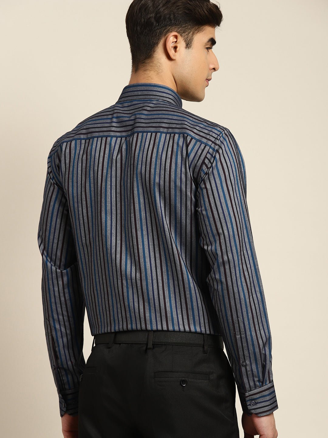 Men Grey & Black Stripes Pure Cotton Slim fit Formal Shirt - #folk republic#