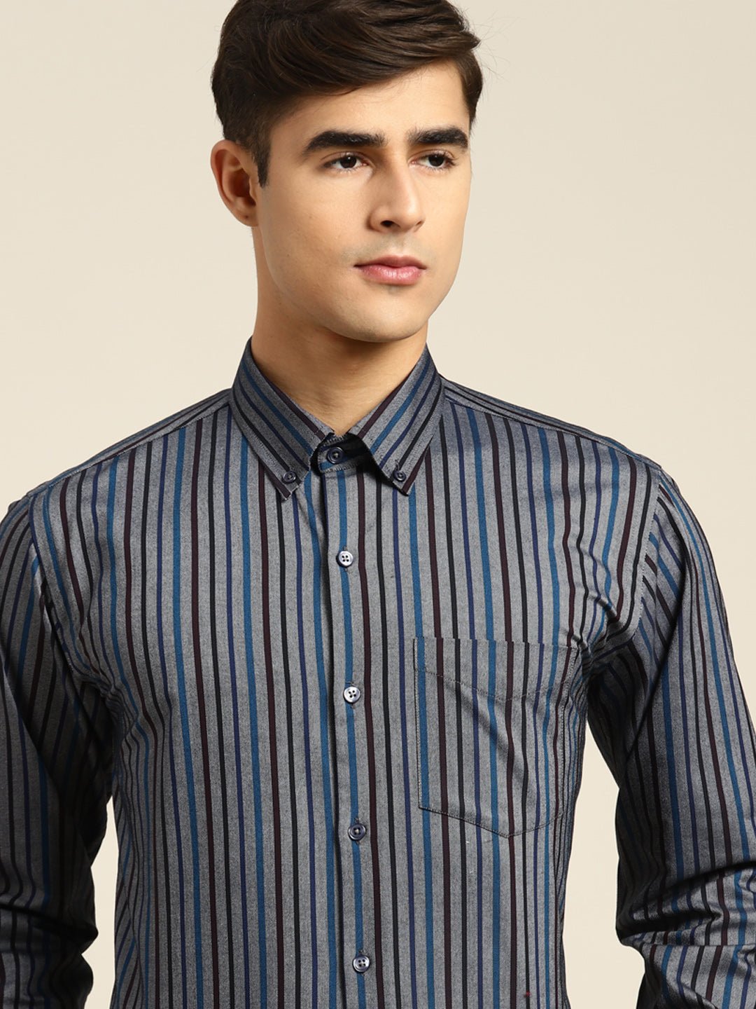 Men Grey & Black Stripes Pure Cotton Slim fit Formal Shirt - #folk republic#