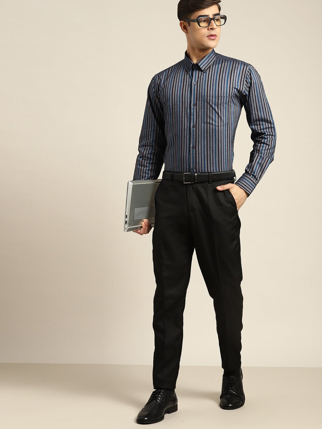Men Grey & Black Stripes Pure Cotton Slim fit Formal Shirt - #folk republic#