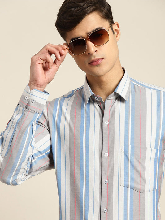 Men Grey & Blue Stripes Pure Cotton Regular Fit Formal Shirt - #folk republic#
