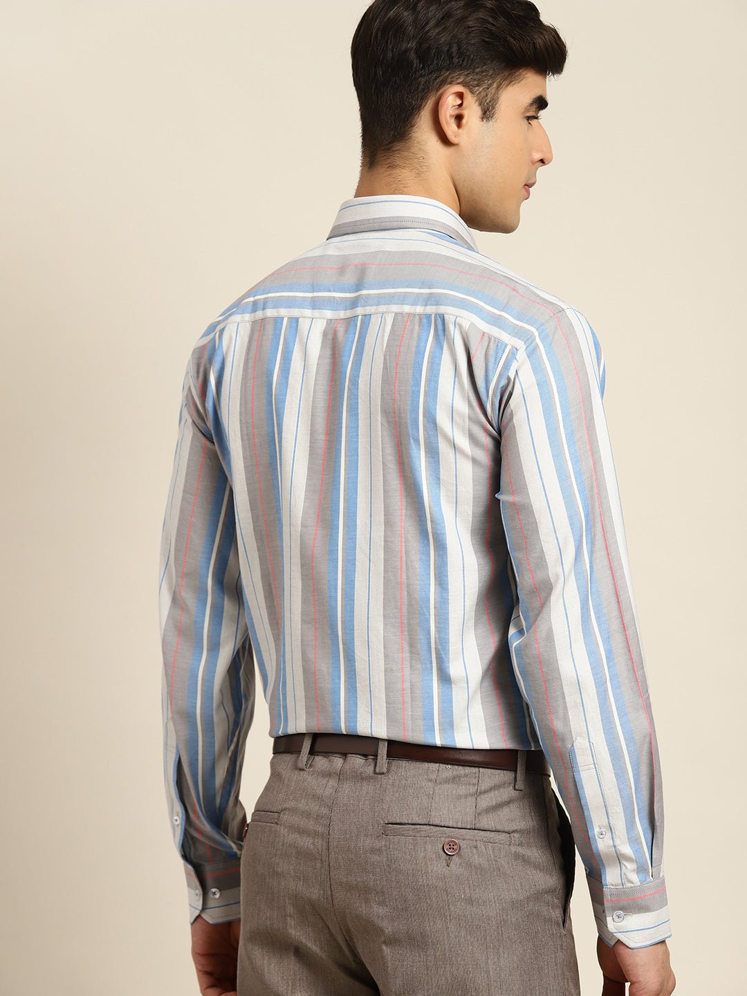 Men Grey & Blue Stripes Pure Cotton Regular Fit Formal Shirt - #folk republic#