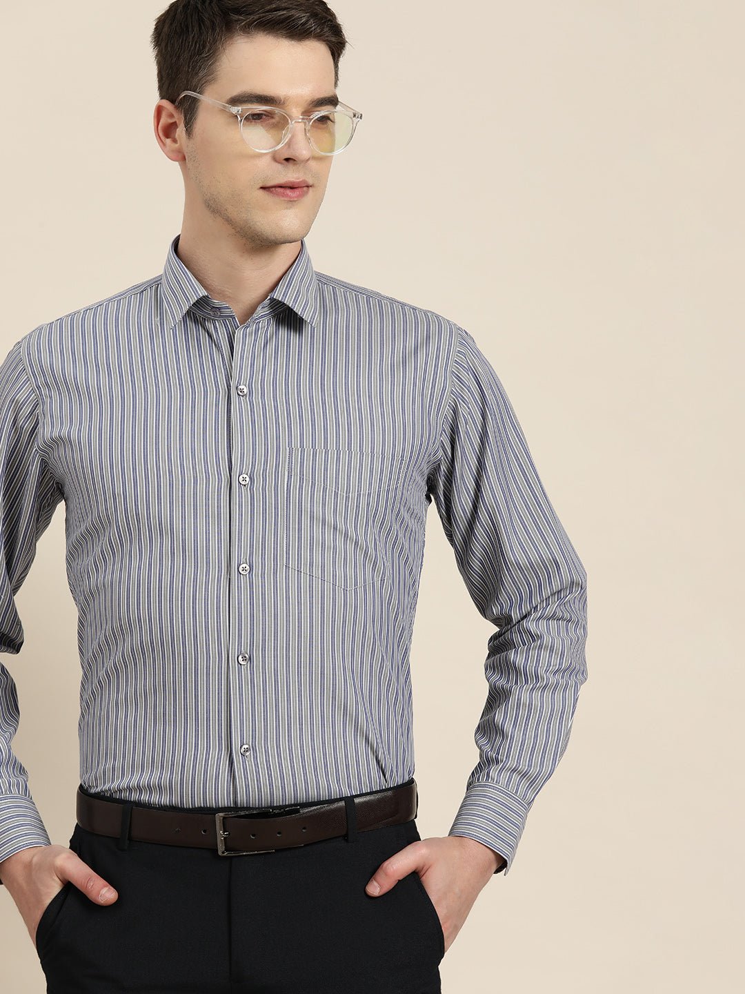 Men Grey & Blue Stripes Pure Cotton Slim fit Formal Shirt - #folk republic#