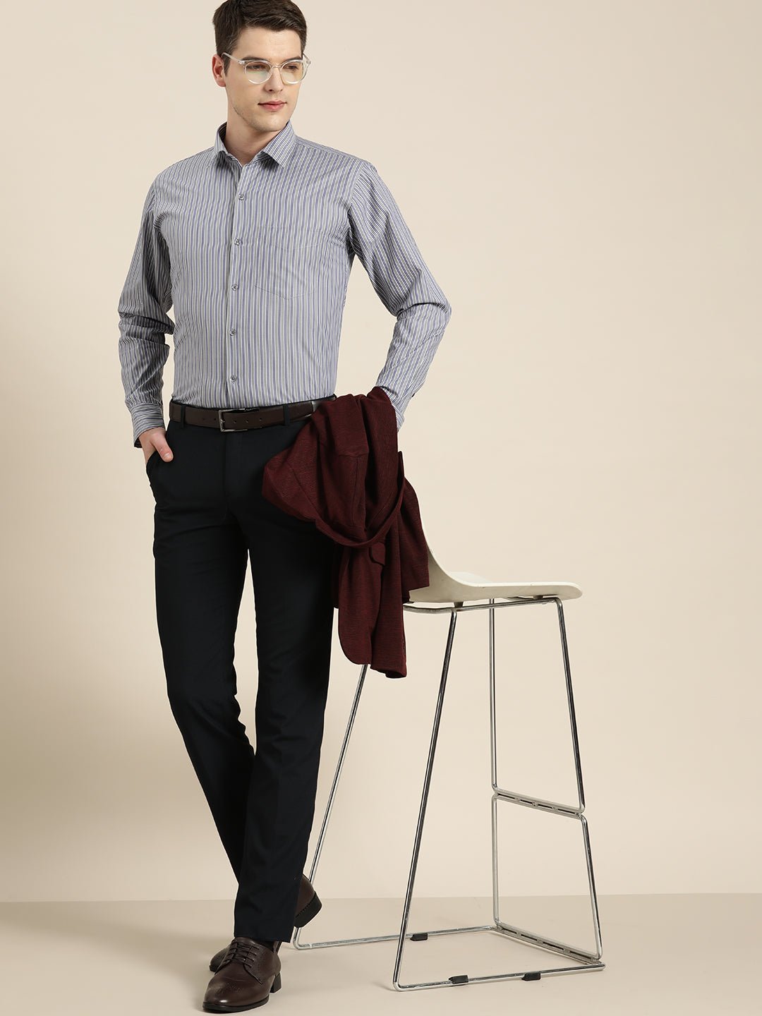 Men Grey & Blue Stripes Pure Cotton Slim fit Formal Shirt - #folk republic#