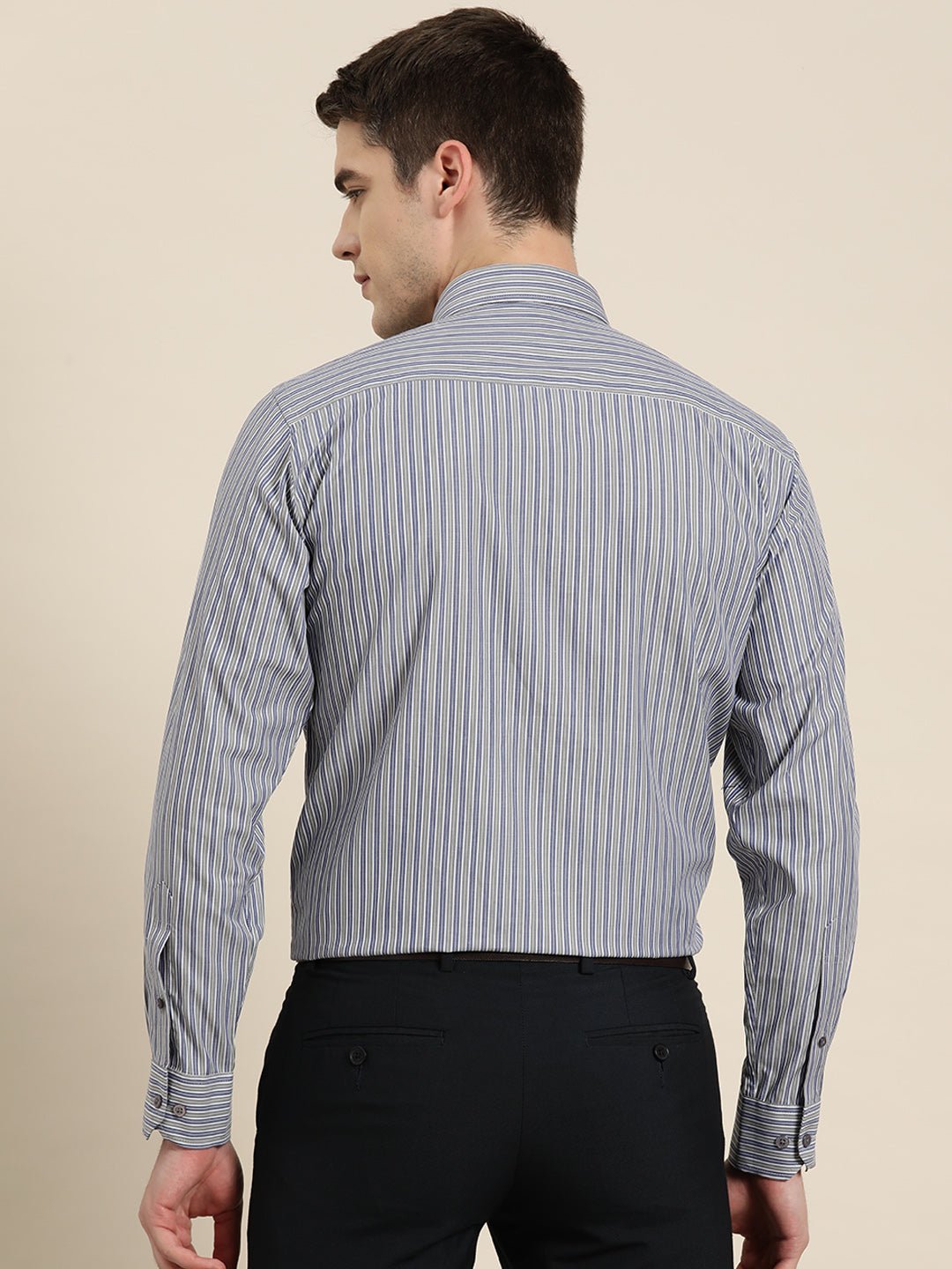 Men Grey & Blue Stripes Pure Cotton Slim fit Formal Shirt - #folk republic#