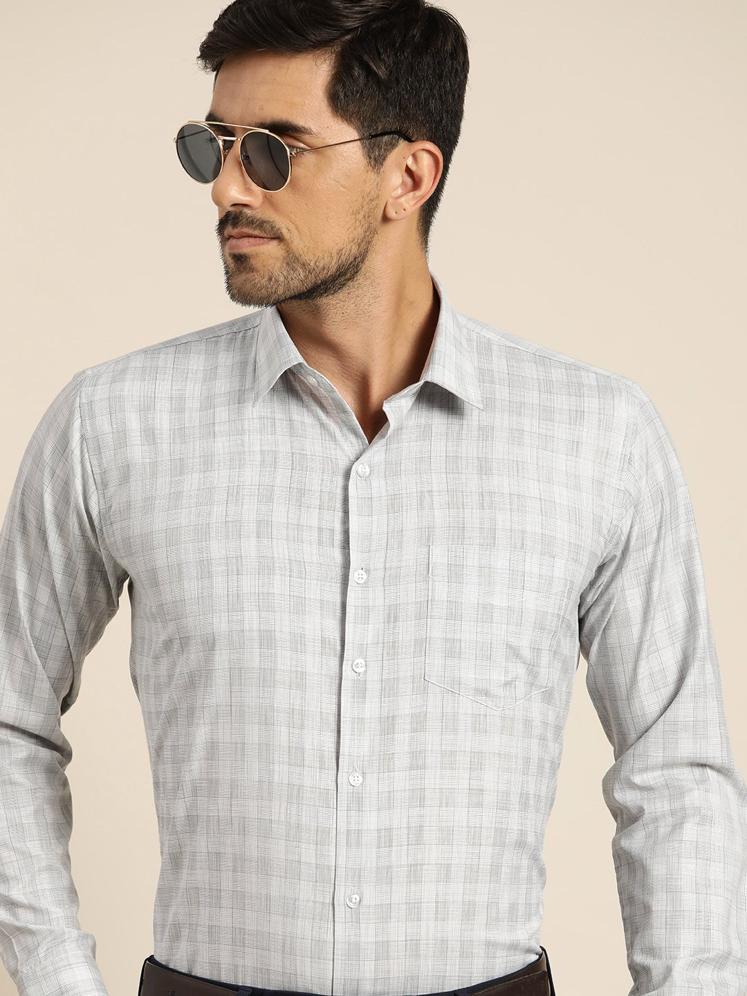 Men Grey Checked Cotton Rich Slim Fit Formal Shirt - #folk republic#