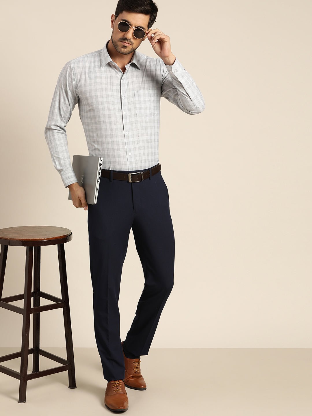 Men Grey Checked Cotton Rich Slim Fit Formal Shirt - #folk republic#