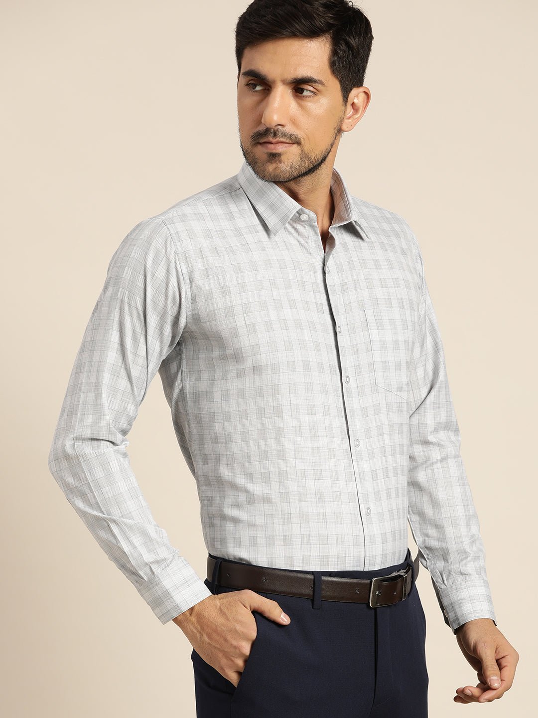 Men Grey Checked Cotton Rich Slim Fit Formal Shirt - #folk republic#