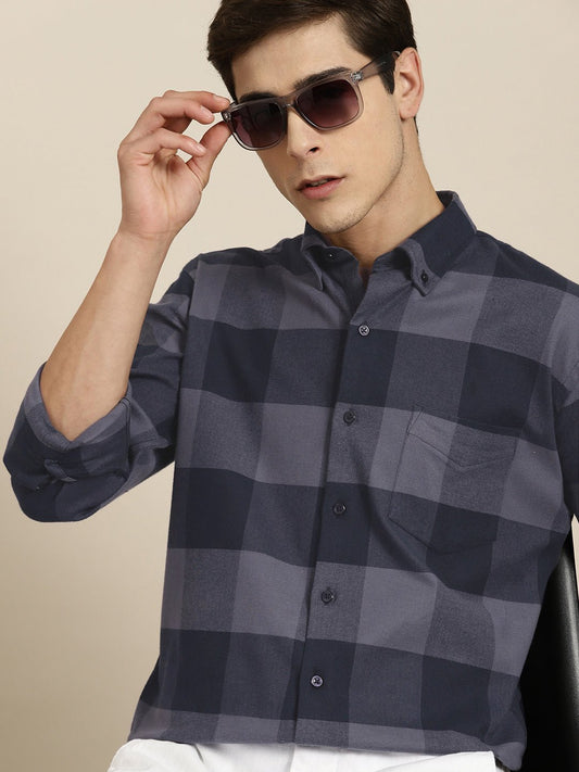 Men Grey & Navy Checks Pure Cotton Slim fit Casual Shirt - #folk republic#