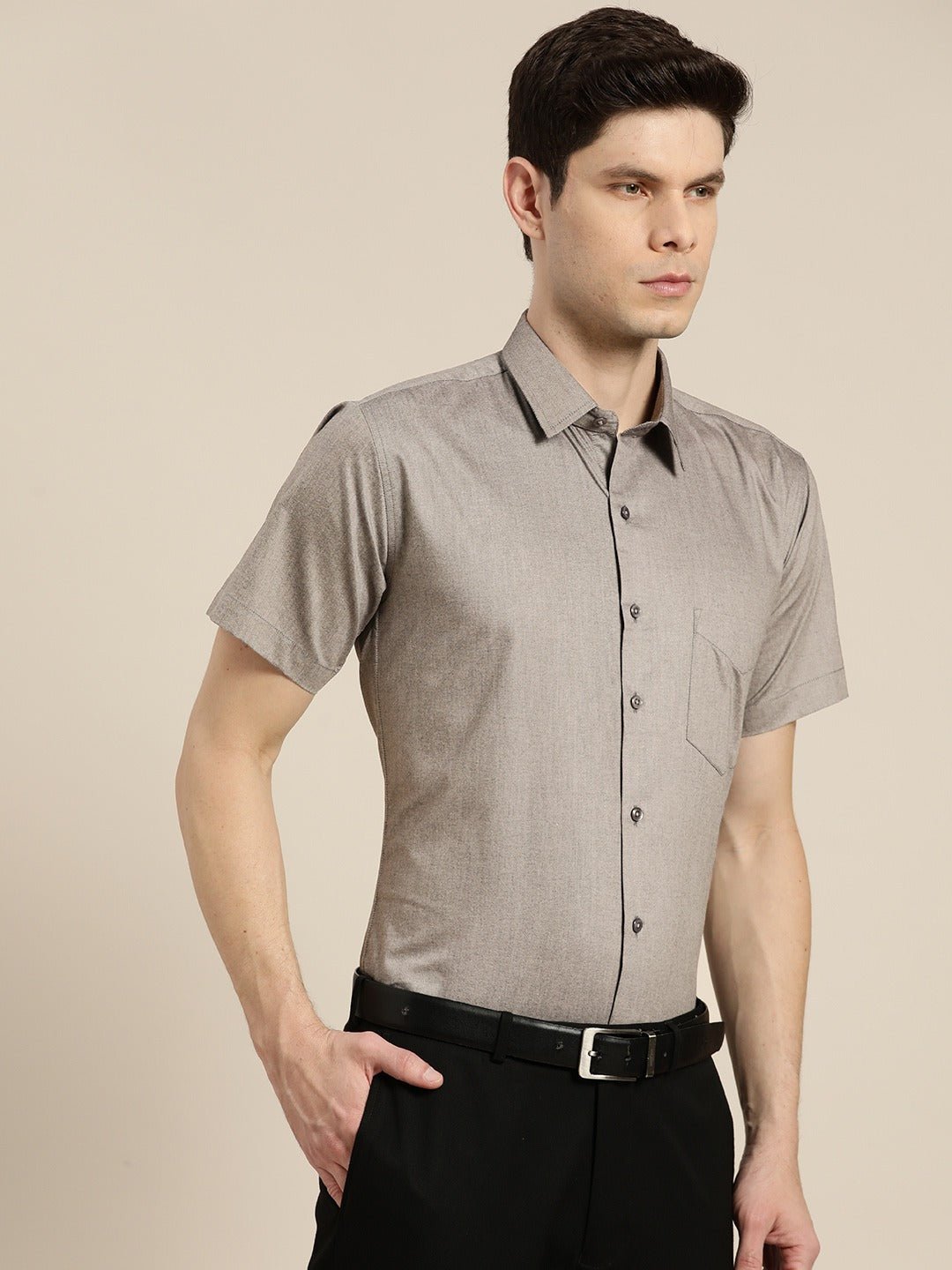 Men Grey Solid Chambray Short Sleeve Cotton Rich Slim Fit Formal Shirt - #folk republic#