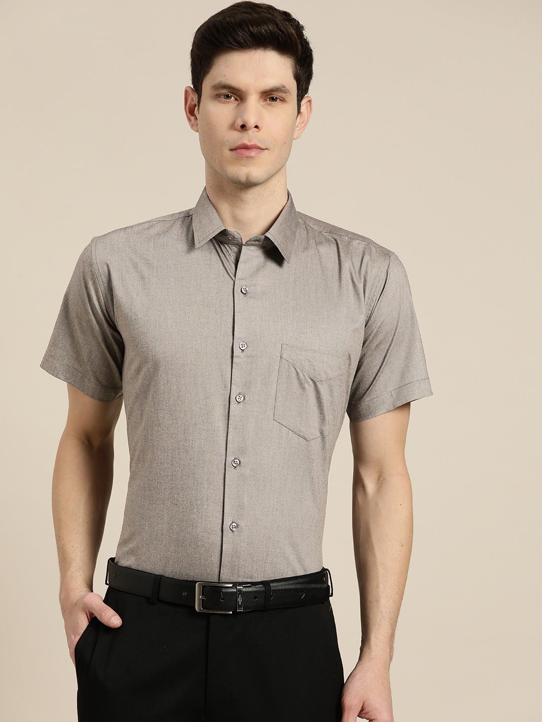 Men Grey Solid Chambray Short Sleeve Cotton Rich Slim Fit Formal Shirt - #folk republic#