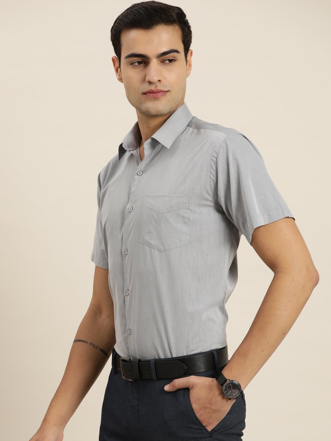 Men Grey Solid Cotton Rich Slim fit Formal Shirt - #folk republic#