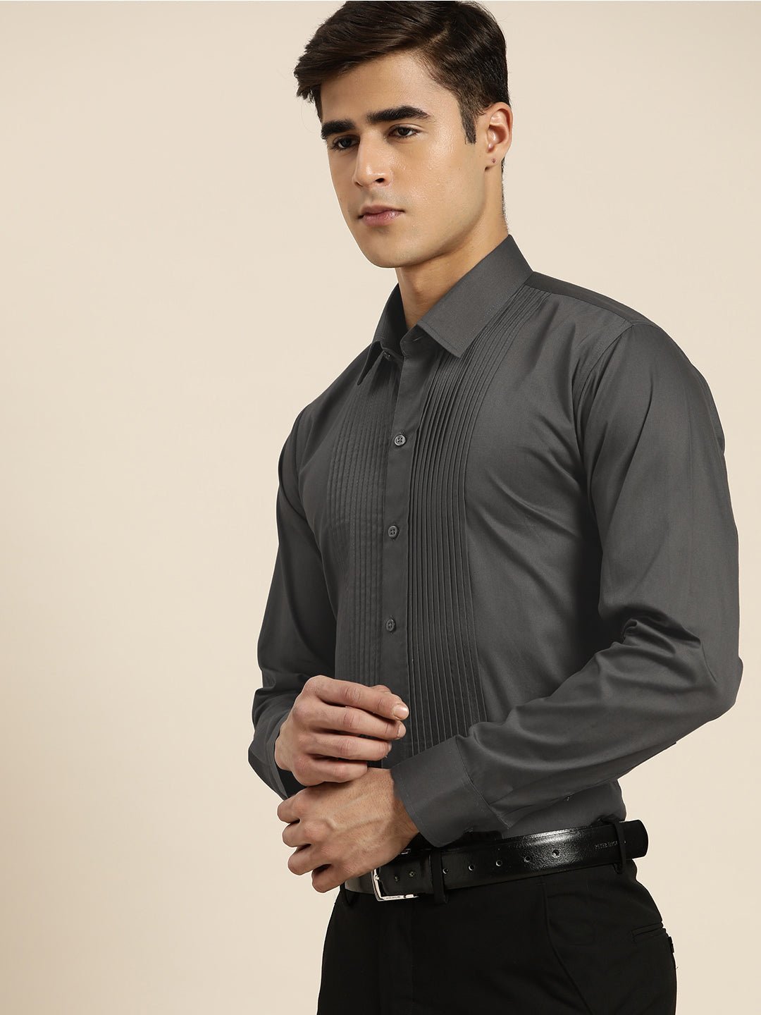 Men Grey Solid Pure Cotton Slim fit Tuxedo Party Shirt - #folk republic#